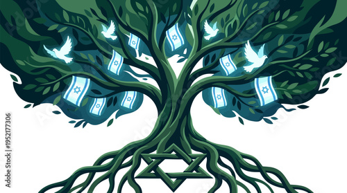 Jewish Tree of Life with Star of David roots, Israeli flags, and peace doves, symbolizing heritage, unity, and hope. Flat vector graphic illustration in vibrant green and blue.