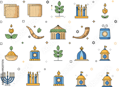 Jewish holiday and religious symbols icons set with menorah shofar synagogue candles and Torah elements, faith tradition vector illustration collection