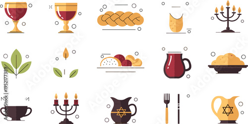 Jewish holiday food and ritual icons set with challah wine menorah and Star of David symbols, faith tradition vector illustration collection