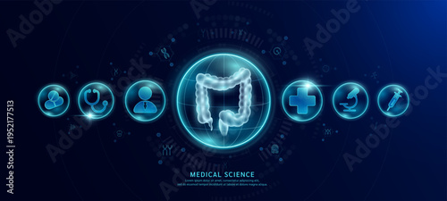 Science medical banner dark blue. Intestine hologram in transparent spherical dome along with the icons of a doctor plus sign and syringe. Vector EPS10.