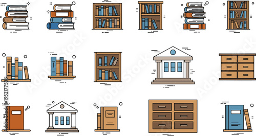 Library and books icons set with shelves stacks cabinets and archives, education knowledge collection for study and research vector illustration pack