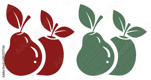 Two stylized pears, one deep red, one green, with leaves, representing healthy eating and nature's bounty.