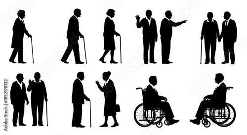 Collection of senior citizens silhouettes in various poses and activities including walking with canes and using