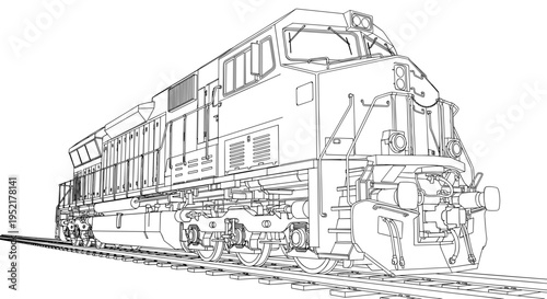 Detailed line art illustration of a modern diesel locomotive on railway tracks showcasing intricate mechanical details