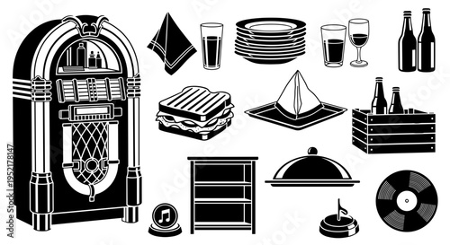 Retro diner icons collection jukebox food drinks vinyl record and serving items for vintage cafe or restaurant design