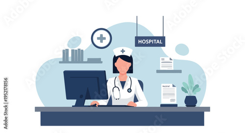 Nurse at Reception Desk in Hospital or Clinic Front Office Healthcare Service