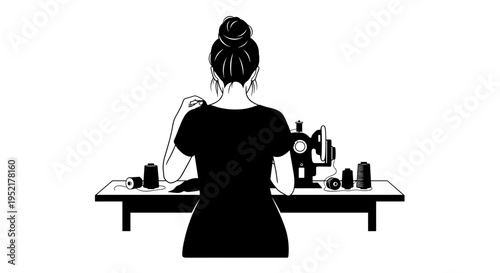 Woman's back view focused on sewing machine and spools of thread crafting garment on table creative hobby fashion