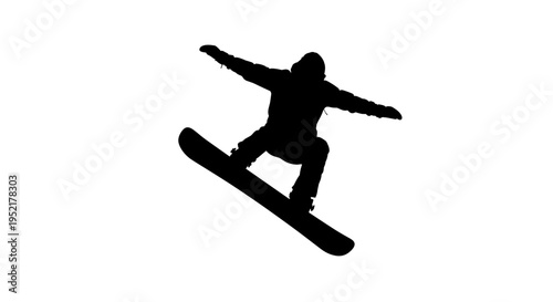 Silhouette of a snowboarder mid air performing a jump with arms outstretched against a clean white background dynamic