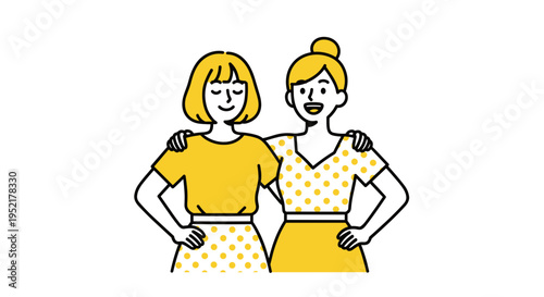 Two smiling women standing together with arms around each other representing friendship support and unity in a simple