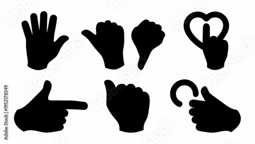 Black silhouette vector set of social media hand gestures on white background
