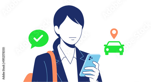 Woman using mobile app for ride sharing service with car icon map pin and confirmation checkmark illustrating modern