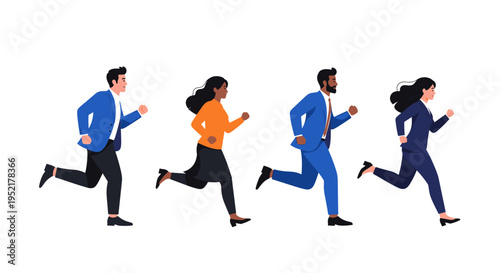 Diverse group of business people in professional attire running forward with determination signifying progress