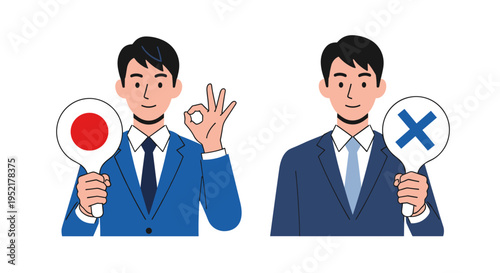 Businessmen showing approval and disapproval with signs and hand gestures representing correct and incorrect choices