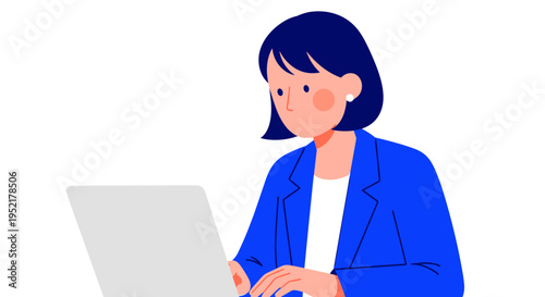 Young professional woman in a blue blazer typing on a modern laptop focused on work with a clean minimalist white