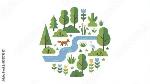 Illustration of forest ecosystem circle.