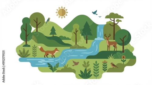 Nature scene with deer and stream.