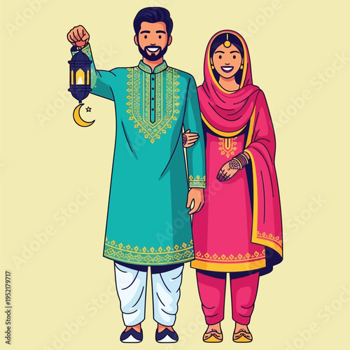 Happy Pakistani couple in traditional shalwar kameez holding lantern with crescent moon.