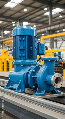 Blue industrial electric motor pump in factory setting