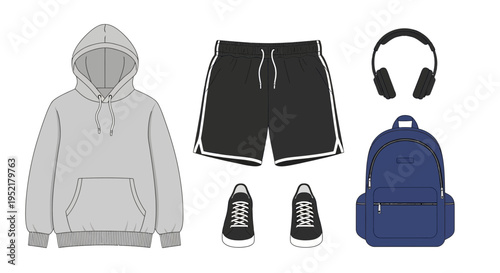 Minimalist flat vector illustration of casual outfit set featuring hoodie, shorts, sneakers, headphones, and backpack, clean outline, soft neutral color palette, modern streetwear style, front view, s