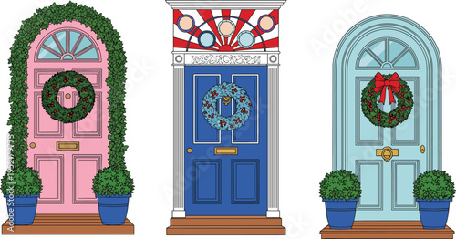 Collection of decorative front doors with wreaths plants and architectural details illustration isolated on light background for home exterior design concept