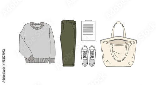 Minimalist flat vector illustration of a casual outfit set including a sweatshirt, slim pants, sneakers, tote bag, and clipboard document, clean line art, neutral earthy color palette, modern lifestyl