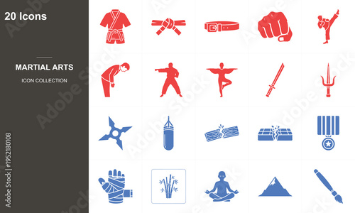 Set of 20 flat design martial arts icons for combat sports and self-defense training