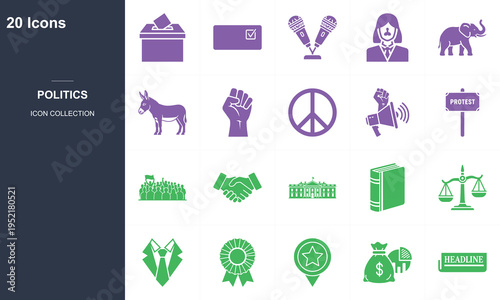 20 flat design politics and environmental icons set on dark gradient background