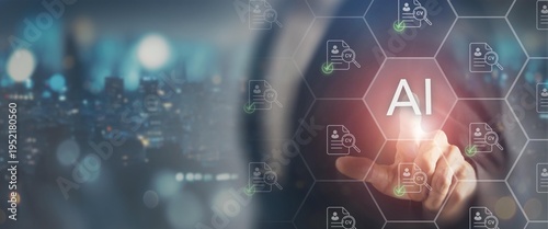 AI powered recruitment and automated hiring process. Selecting AI interface with CV icons. Automated recruitment process, smart hiring system and talent selection using artificial intelligence.