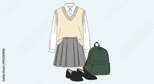 Flat vector illustration of preppy student outfit set, featuring long sleeve shirt, sweater vest, pleated skirt, loafers and backpack, neatly arranged clothing items, minimal style, clean lines, soft 
