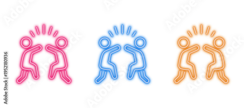 Neon glowing people high-fiving vector icons set, teamwork, collaboration, success, celebration, partnership, vibrant colorful digital design illustration on transparent background.