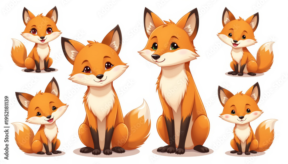 Obraz premium Cute fox cartoon fox fox character baby fox happy fox smiling fox woodland animal orange fur white background sitting fox cute animal illustration