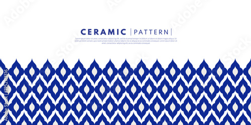 Blue seamless Thai geometric ceramic pattern. Traditional Thai seamless pattern featuring flowing Thailand-inspired geometric shapes in deep blue on a light background.