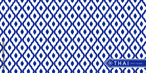 Blue Thai geometric ceramic pattern. Traditional Thai seamless pattern featuring flowing Thailand-inspired geometric shapes in deep blue on a light background.