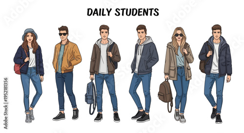 Flat vector illustration of diverse college students in casual outfits, full body characters standing in different poses, modern youth fashion, backpacks and books, minimal clean style, no facial 