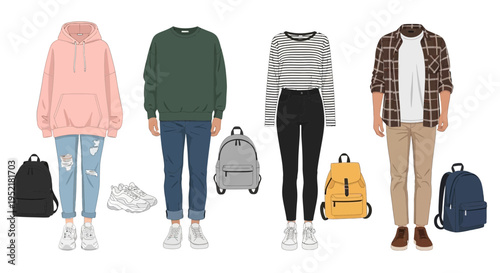 Flat vector illustration of casual outfit set, full body characters wearing modern everyday clothing, hoodie, sweater, jacket, jeans and sneakers, minimal style, clean lines, no facial details, front 
