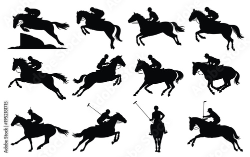 Equestrian silhouettes of horse riders in various poses with horses jumping and playing polo black icons on white background