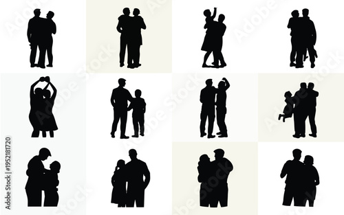 Collection of black silhouettes depicting various human interactions and relationships in different poses
