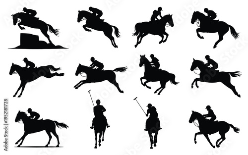 Equestrian silhouettes of horse riders in various poses and actions on white background