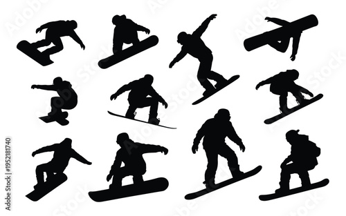 Snowboarders in various poses and movements on snowboards black silhouettes on white background dynamic winter sports illustrations