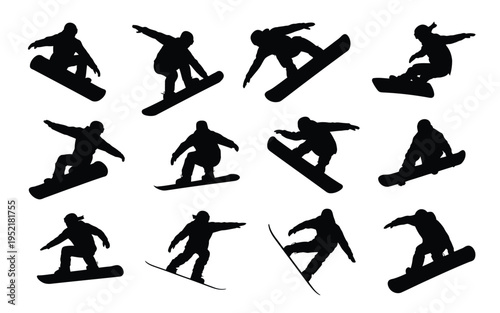 Collection of snowboarders in various poses and movements on snowboards black silhouettes on white background dynamic winter sports graphics