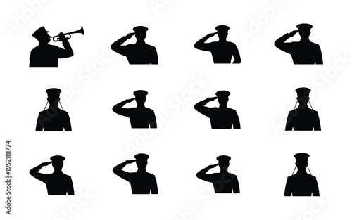 Soldiers saluting and one blowing a trumpet in various poses black silhouettes on white background symbolizing respect honor and military ceremony