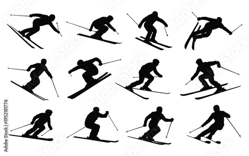 Collection of black silhouette skiers in various dynamic poses showcasing different skiing techniques on white background for graphic design