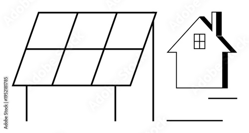 Renewable energy, eco-friendly homes, green technology, energy efficiency, solar power systems, sustainability. Minimalist design showing a solar panel near a house. Renewable energy and eco-friendly