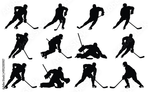 Collection of ice hockey player silhouettes in various poses with sticks on white background for sports design