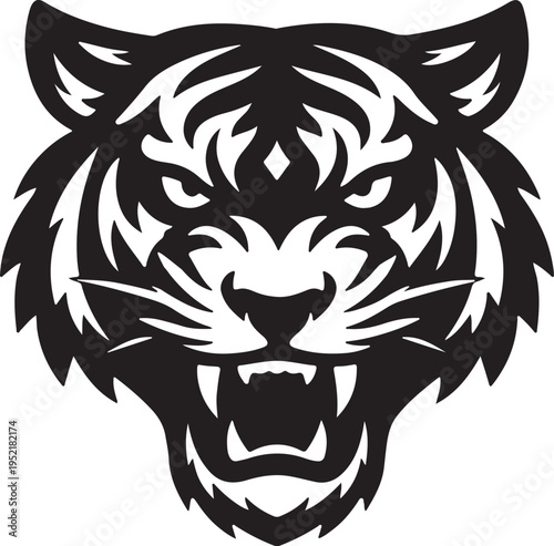 A bold black and white graphic illustration featuring the fierce face of a roaring wild tiger head Vector