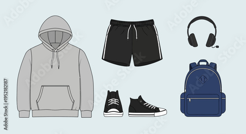 flat vector illustration of casual outfit set including hoodie, black shorts, sneakers, headphones, and backpack, neatly arranged, minimal style, clean lines, simple geometric shapes, solid colors, no