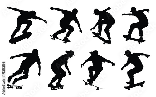 Collection of skateboarder silhouettes performing various tricks on white background