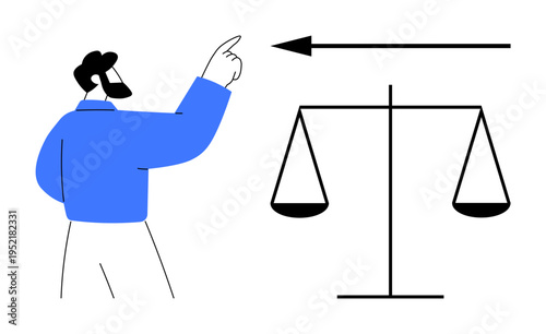 Decision-making concept. Man pointing at an arrow above a balance scale decisions, justice, and fairness. Decision-making for legal matters, strategy, ethics, and judgment