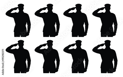 Eight black silhouette men saluting in two rows on white background with various hand positions