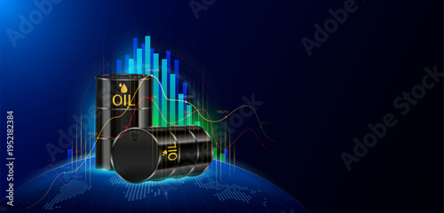 Black crude oil tank or Oil barrel on world map. Stock market trends chart oil prices from War Crisis. Banner for news with empty space for advertise text. Vector EPS10.